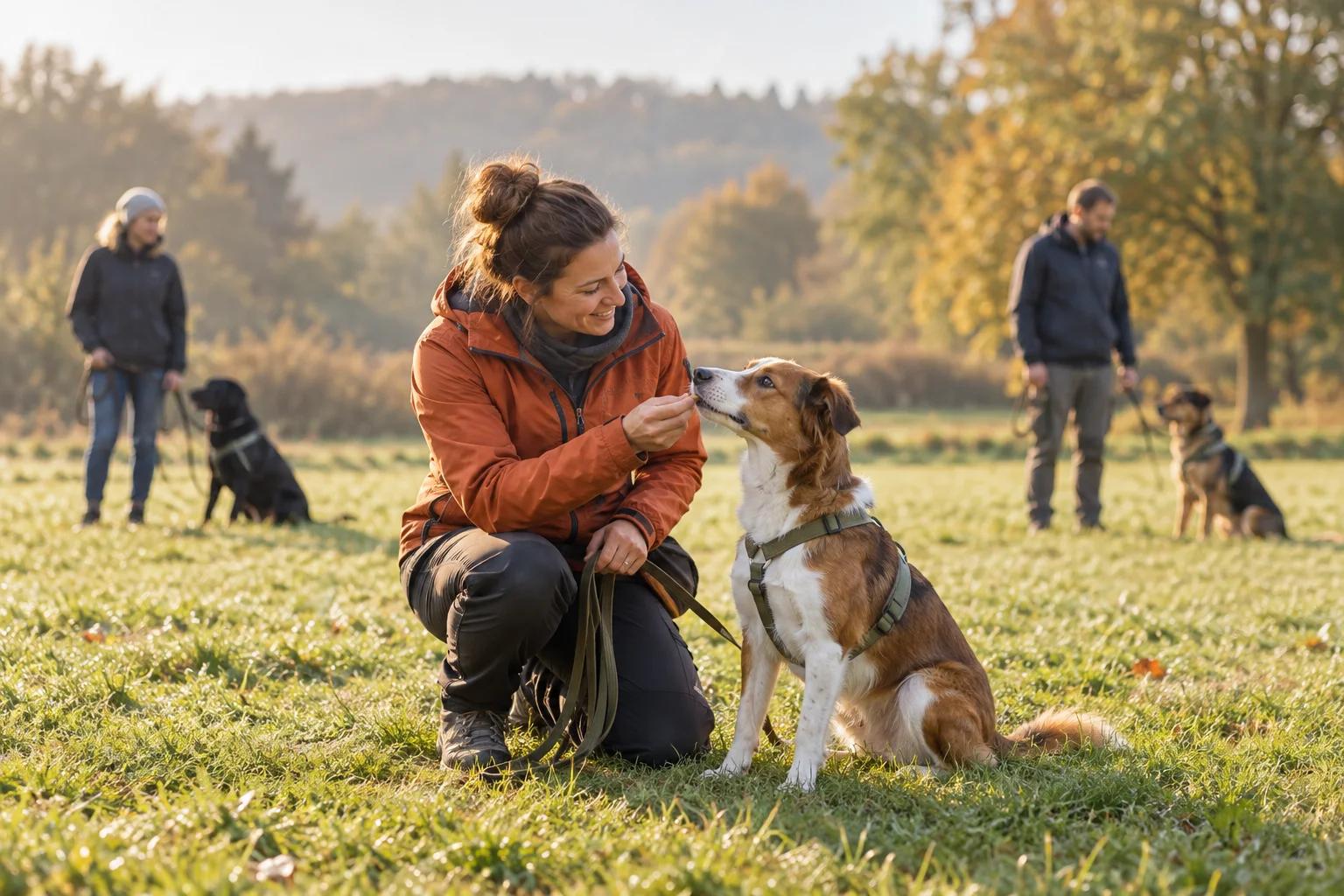 Hundetrainerin belohnt einen aufmerksamen Hund beim Training auf einer Wiese